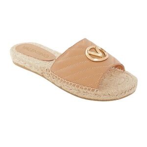 Valentino Beige Leather Espadrille Mule with Gold Logo New Without Tags
